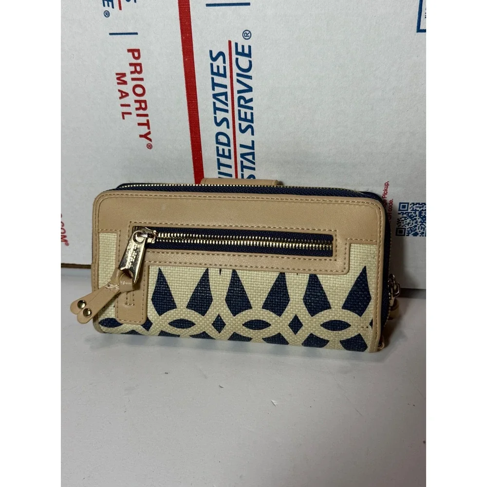 Spartina 449 Daufuskie Island Anchor Linen Leather Continental Wallet Navy Tan